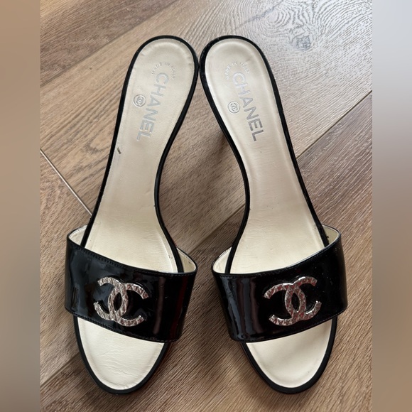 CHANEL Shoes - CHANEL Black Patent Leather Slide Mules with Silver CC Logo